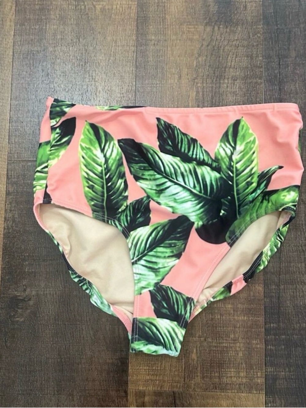 Albion Fit Izabal High Waisted Bikini Bottoms Pink Green Tropical Leaf Size Med